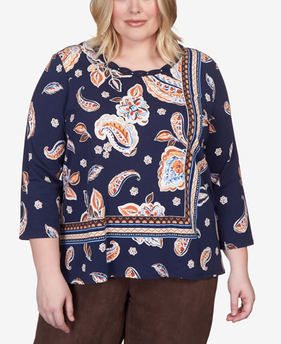 Alfred Dunner Plus Size Autumn Weekend Paisley Border Braid Neck Top In Multi