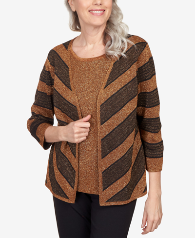 Alfred Dunner Women's Classics Chevron Stripe Two-for-one Sweater In Bronze
