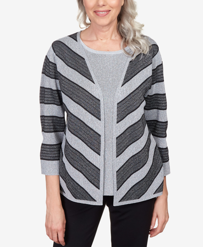 Alfred Dunner Women's Classics Chevron Stripe Two-for-one Sweater In Silver