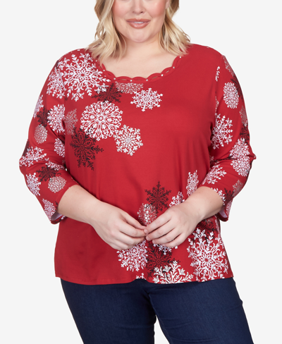 Alfred Dunner Plus Size Classics Snowflakes Twist Neck Top In Crimson