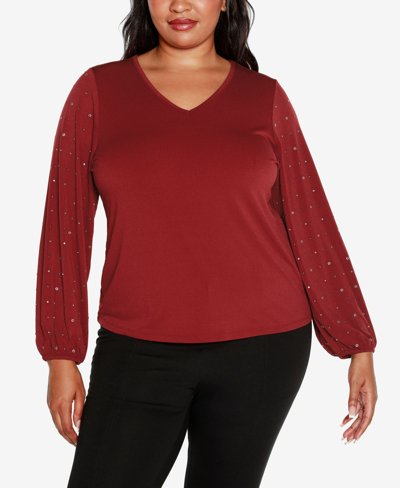 Belldini Black Label Plus Size Embellished Blouson Sleeve Top In Cranberry