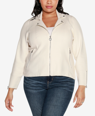 Belldini Black Label Plus Size Motorcycle Sweater Jacket In Winter White