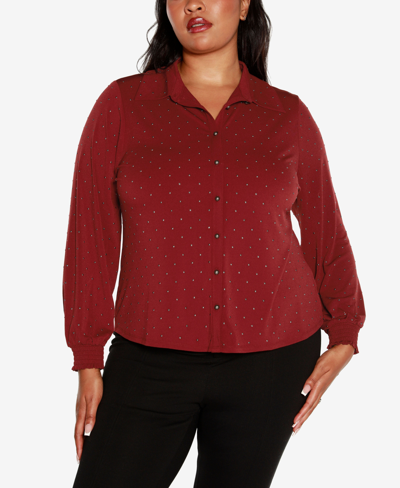 Belldini Black Label Plus Size Embellished Blouson Sleeve Top In Cranberry