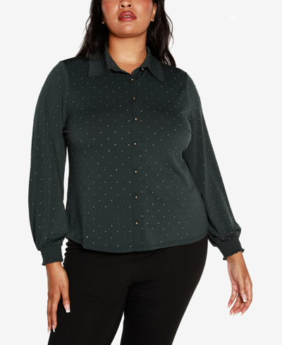 Belldini Black Label Plus Size Embellished Button-front Top In Dark Forest