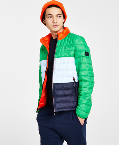 Tommy Hilfiger Men's Packable Quilted Puffer Jacket In Spicy Orange,fern Green