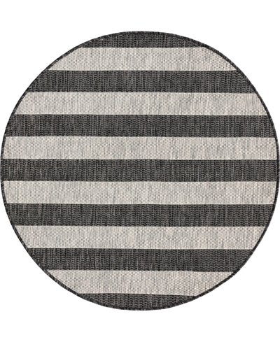Bayshore Home Outdoor Banded Distressed Stripe 4' X 4' Round Area Rug In Gray