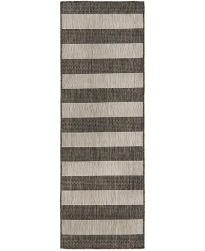 Bayshore Home Outdoor Banded Distressed Stripe 2' X 6' Runner Area Rug In Gray
