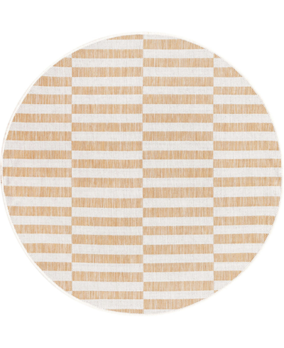 Bayshore Home Outdoor Banded Striped 4' X 4' Round Area Rug In Tan