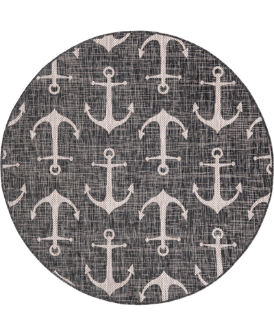 Bayshore Home Outdoor Shore Ahoy 5'3" X 5'3" Round Area Rug In Charcoal