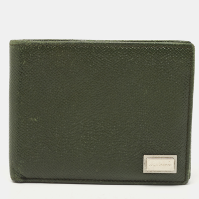 Pre-owned Dolce & Gabbana Green Leather Logo Bifold Compact Wallet