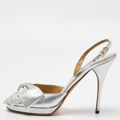 Pre-owned Valentino Garavani Silver Leather Bow Slingback Sandals Size 39