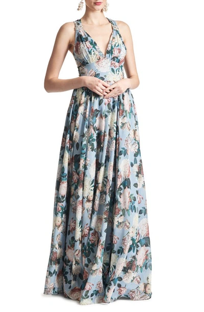 Sachin & Babi Kenzia Floral Chiffon Gown In Ice Blue Garden