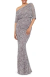 BETSY & ADAM ONE-SHOULDER SEQUIN LACE GOWN