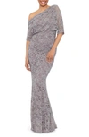 Betsy & Adam One-shoulder Sequin Lace Gown In Taupe