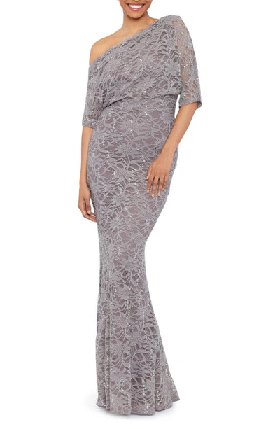 BETSY & ADAM ONE-SHOULDER SEQUIN LACE GOWN