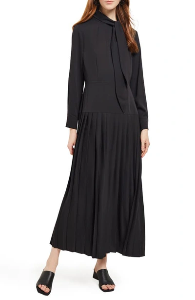 MISOOK MISOOK TIE NECK LONG SLEEVE PLEATED MAXI DRESS