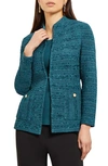 Misook Tweed Funnel Collar Knit Jacket In Marine Teal