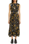 Erdem Bird-print Belted Sleeveless Ruffle-hem Midi Dress In Cecilia Birds Black