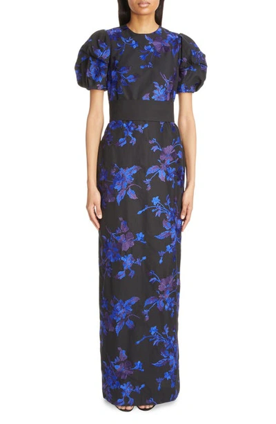 Erdem Floral Embroidered Puff-sleeve Column Dress In Black And Blue