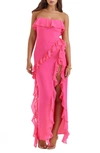 House Of Cb Sarina Ruffle Strapless Maxi Dress In Hot Pink