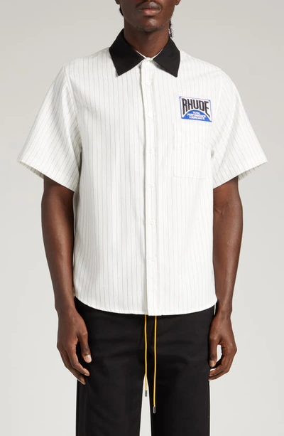 Rhude Logo Patch Stripe Twill Mechanic Shirt In White