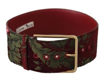 Dolce & Gabbana Red Embroidered Leather Gold Logo Metal Buckle Belt In Multicolor