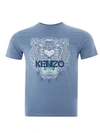 KENZO KENZO BLUE COTTON T-SHIRT WITH TIGER PRINT AND FRONT MEN'S LOGO