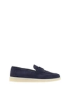 Prada Enamel Triangle Logo Suede Loafers In Bleu