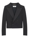 Saint Laurent Cropped Satin-trimmed Grain De Poudre Wool Jacket In Black