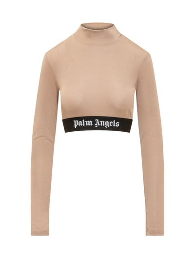 Palm Angels Top With Logo In Camel Black