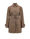 Versace Trench Coat With Allover Motif And Belted Waist In Brown