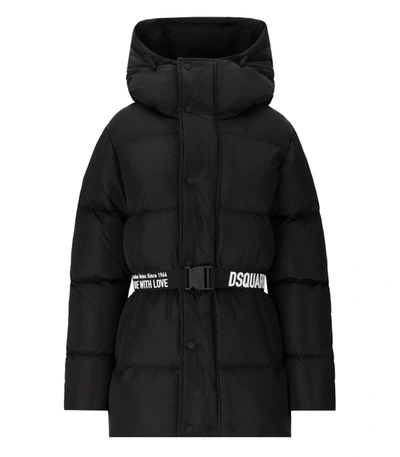 Dsquared2 Puff Black Hooded Puffer With Belt In Nero