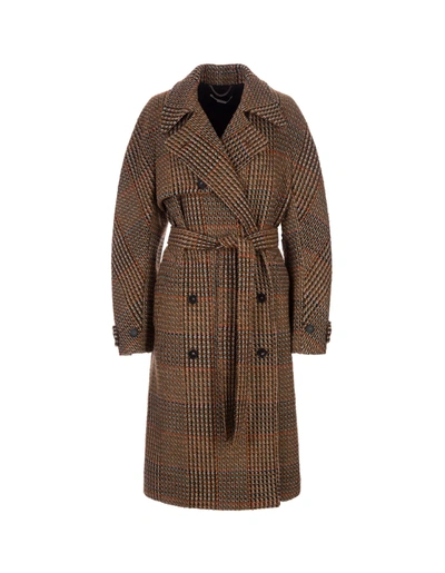 Stella Mccartney Tweed Long Coat With Belt In Brown
