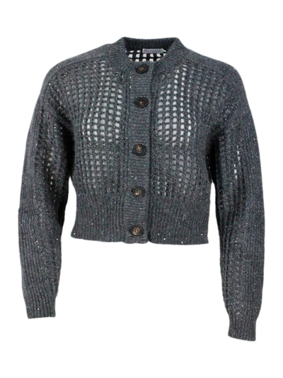 Brunello Cucinelli Long-sleeved Mesh Cardigan Sweater In Fine Wool, Cashmere And Mohair Embellished With Lamè Yarn For In Grey