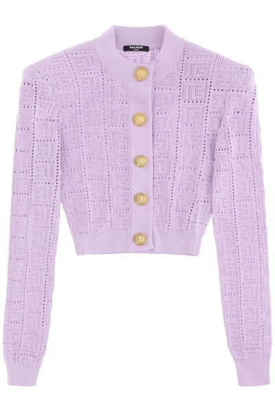 Balmain Monogram Pointelle Knit Strong-shoulder Cardigan In Purple