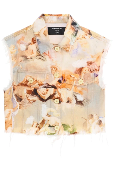 Balmain Sky Printed Sleeveless Denim Jacket In Multi-colour