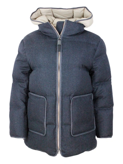 Brunello Cucinelli Long Down Jacket In Soft Wool Padded With Real Goose Down With Detachable Front With Hood. In Grey