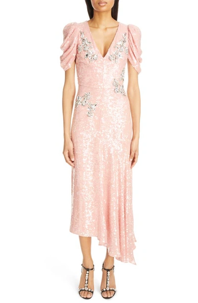 Erdem V-neck Puff-sleeve Asymmetric Drop-hem Sequin Midi Dress In Pink