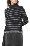 Ming Wang Stripe Fringe Bouclé Rib Sweater In Black/ Ivory