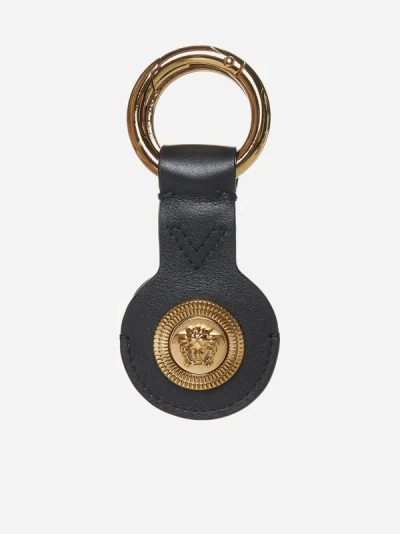 Versace Medusa Head Leather Keyring In Black,gold