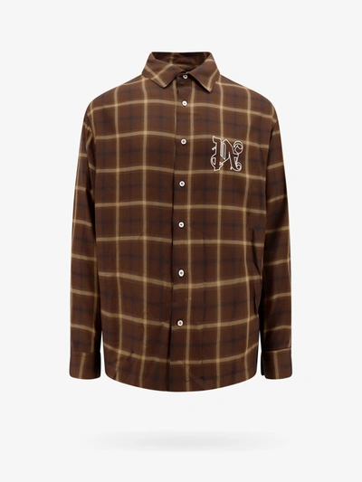 Palm Angels Logo Embroidered Checked Long-sleeved Shirt In Brown