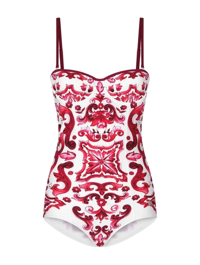 Dolce & Gabbana Majolica Print Balconette One-piece Swimsuit In Pink & Purple