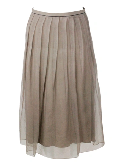 Brunello Cucinelli Long Pleated Skirt Made Of Fine Silk With Underlying Lining. Side Zip Closure And Shiny Jewel On The In Nut