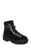 Allsaints Wanda Genuine Shearling Lug Sole Combat Boot In Black/ Black Suede