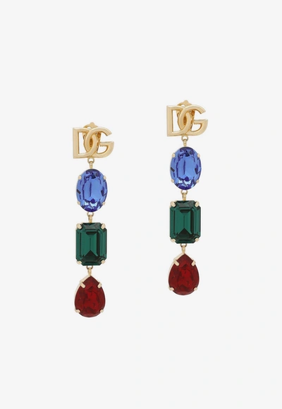 Dolce & Gabbana Long Earrings With Dg Logo And Multi-colored Rhinestones In Multicolor