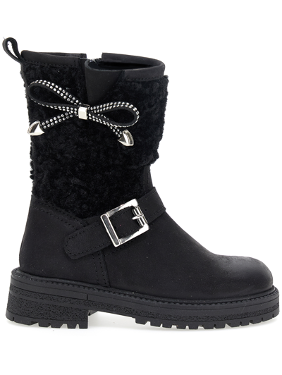 Monnalisa Nubuck And Wool Bow Boots In Black
