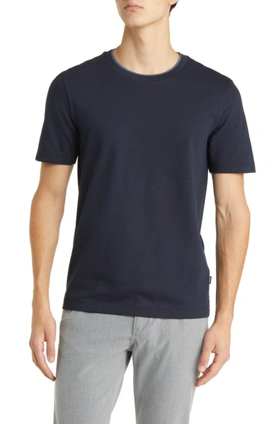 Hugo Boss Slim-fit T-shirt In Structured Cotton With Double Collar In Dark Blue