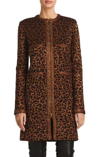 St John Leopard Sequin Knit Long Jacket In Caramel Copper Multi