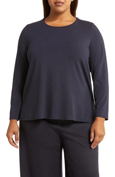 Eileen Fisher Crewneck Long Sleeve Jersey Top In Nocturne