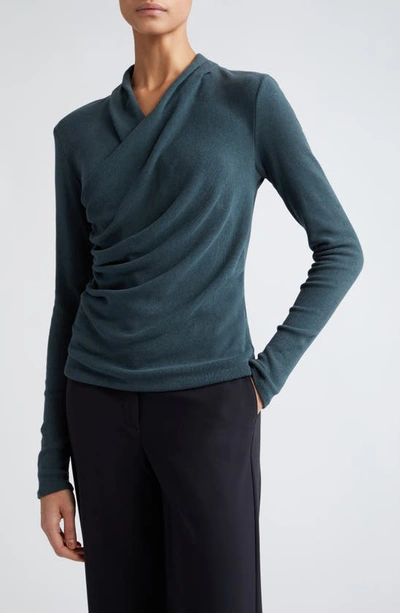 Vince Wrap Front Long Sleeve Knit Top In Azurine